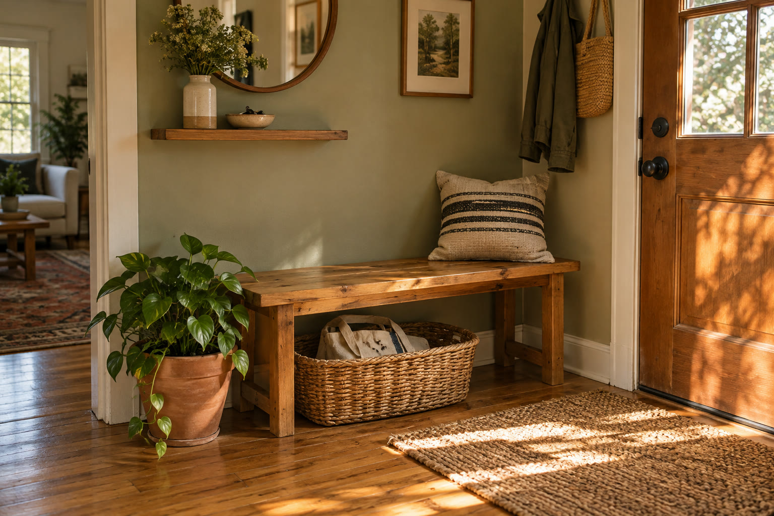 A warm entryway with a bench, basket and a bowl for keys